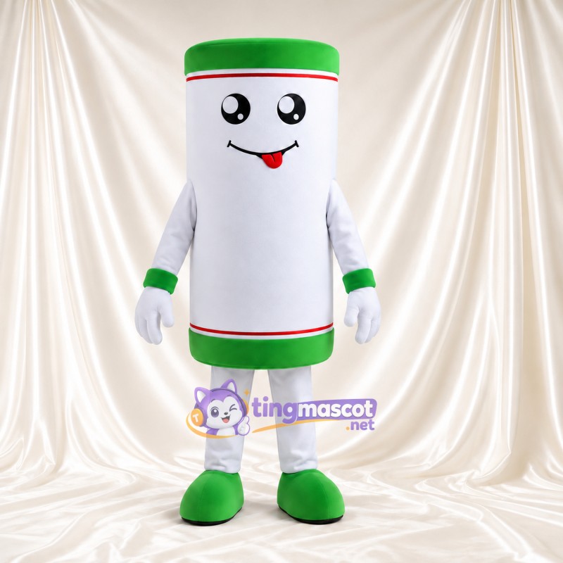 White Tube Character Mascot Costume - Green Ends and Smiling Face White Tube Character Mascot Costume - Green Ends and Smiling Face