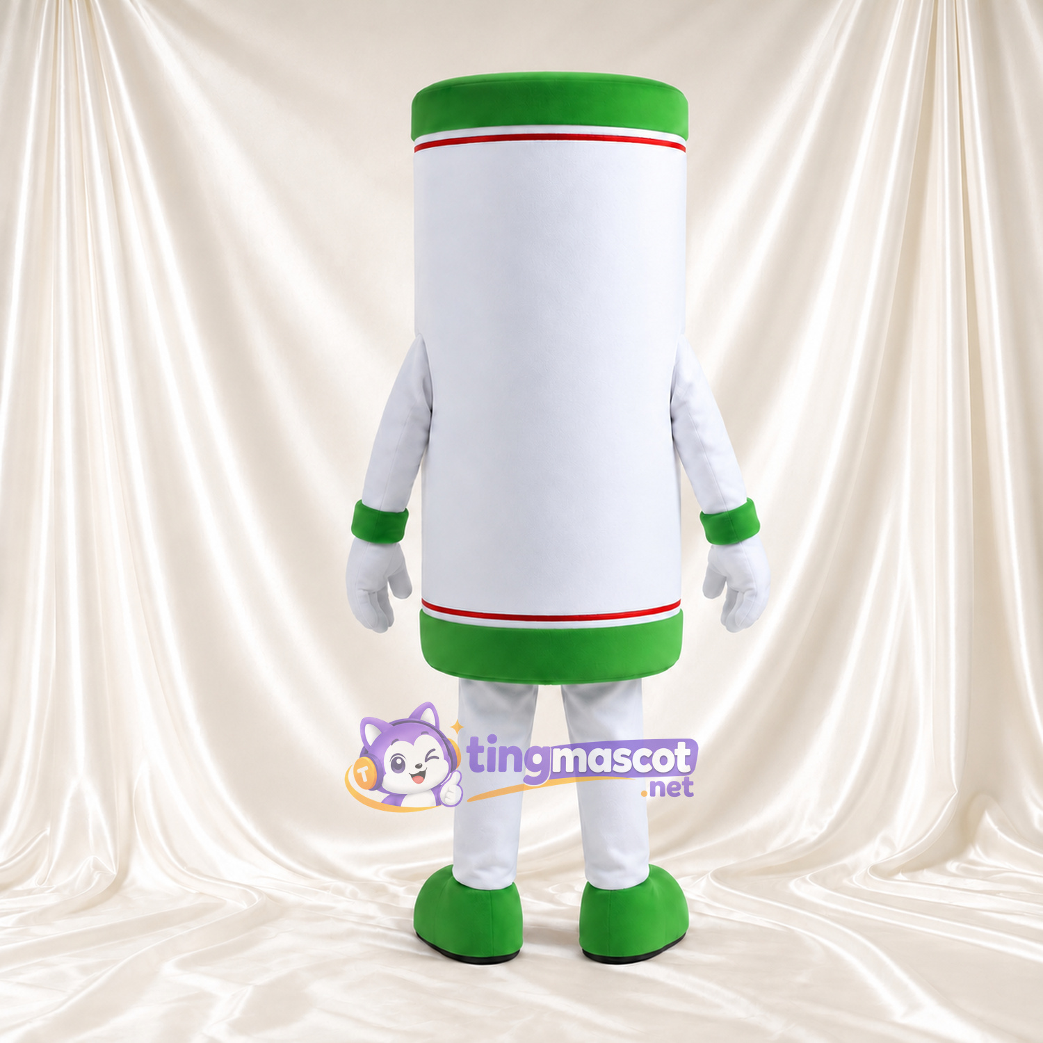White Tube Character Mascot Costume - Green Ends and Smiling Face White Tube Character Mascot Costume - Green Ends and Smiling Face