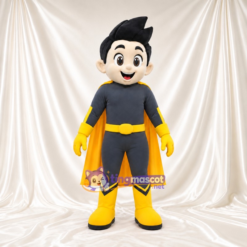 Boy Superhero Mascot Costume - Gray Suit and Yellow Cape Boy Superhero Mascot Costume - Gray Suit and Yellow Cape