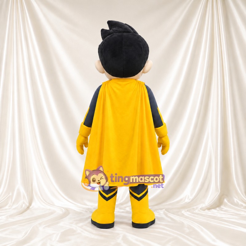 Boy Superhero Mascot Costume - Gray Suit and Yellow Cape Boy Superhero Mascot Costume - Gray Suit and Yellow Cape