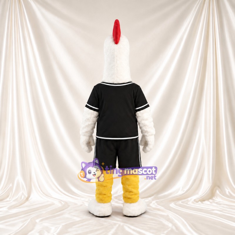 Costume de mascotte Coq – blanc – Tenue de sport (noir); Chaussures (blanc) Costume de mascotte Coq – blanc – Tenue de sport (noir); Chaussures (blanc)