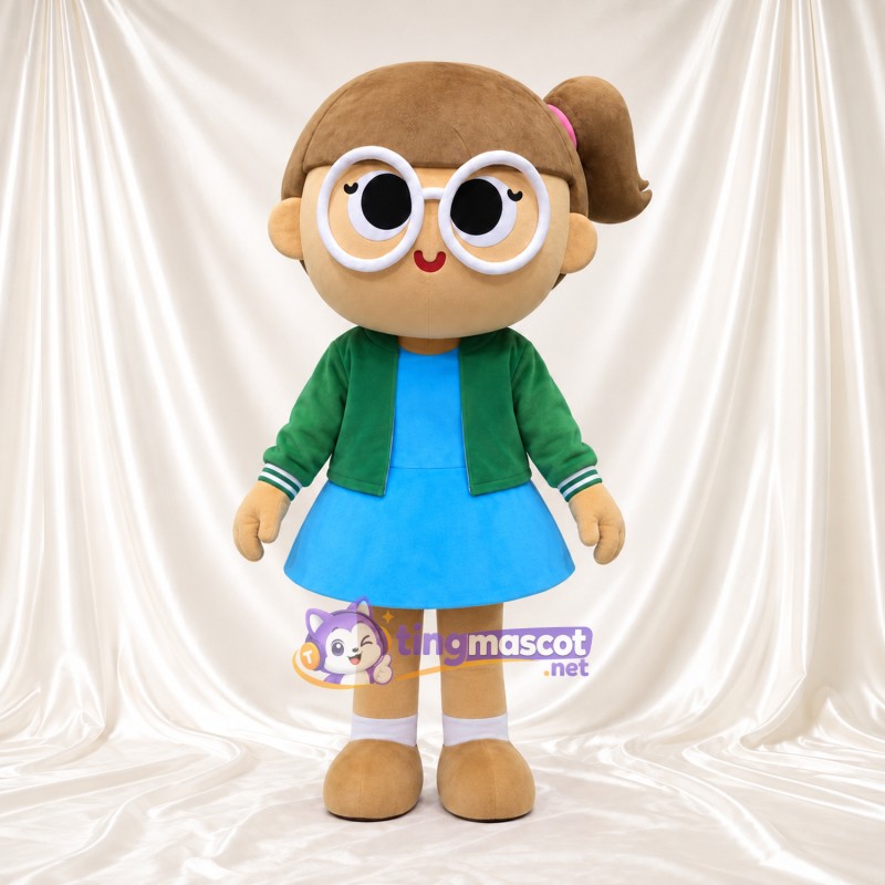 Maskottchenkostüm Mädchenfigur – wie abgebildet – Brille (weiß); Kleid (blau); Jacke (grün) Maskottchenkostüm Mädchenfigur – wie abgebildet – Brille (weiß); Kleid (blau); Jacke (grün)