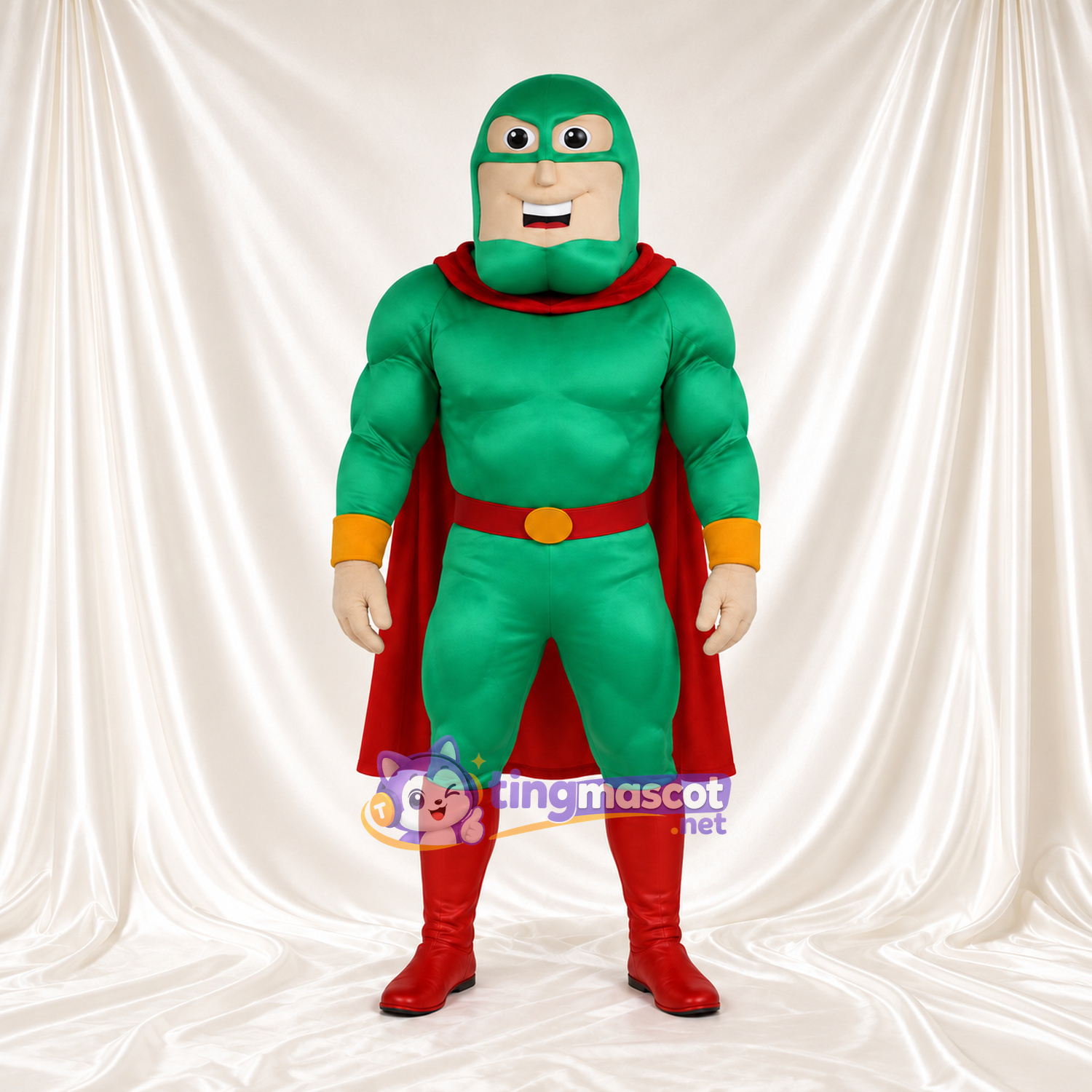 Superhero Man Mascot Costume - Green Muscular Suit and Red Cape Superhero Man Mascot Costume - Green Muscular Suit and Red Cape
