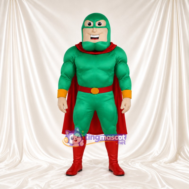 Superhero Man Mascot Costume - Green Muscular Suit and Red Cape Superhero Man Mascot Costume - Green Muscular Suit and Red Cape