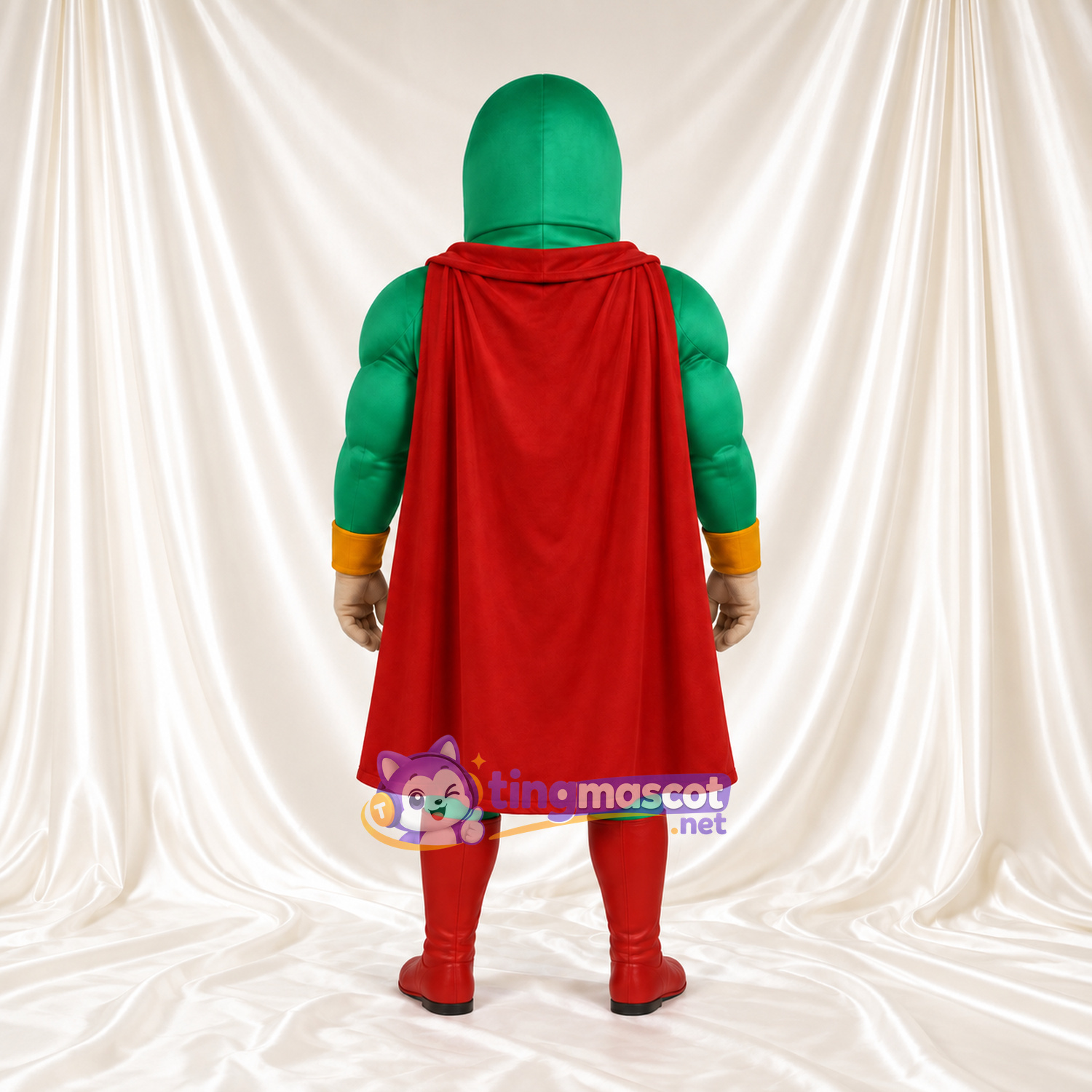 Superhero Man Mascot Costume - Green Muscular Suit and Red Cape Superhero Man Mascot Costume - Green Muscular Suit and Red Cape
