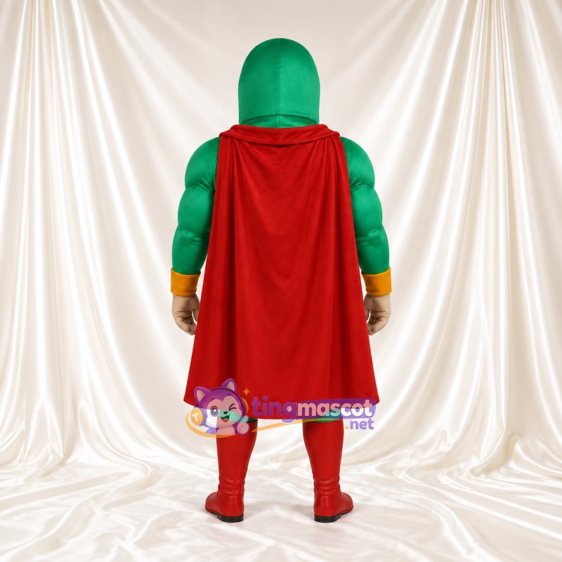 Superhero Man Mascot Costume - Green Muscular Suit and Red Cape Superhero Man Mascot Costume - Green Muscular Suit and Red Cape