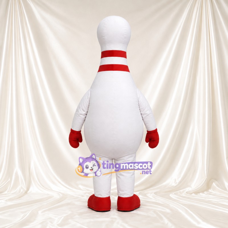 Maskottchenkostüm Bowlingkegel – weiß – Streifen (rot); Lächelndes Gesicht Maskottchenkostüm Bowlingkegel – weiß – Streifen (rot); Lächelndes Gesicht
