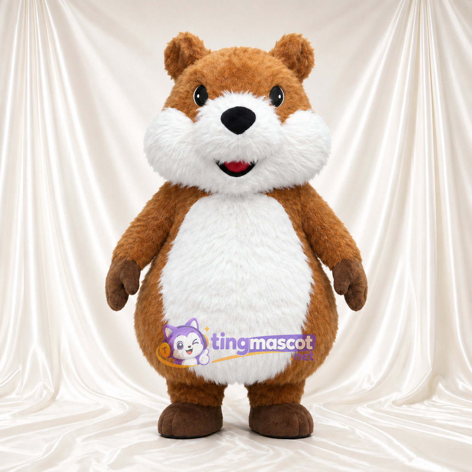 Costume de mascotte Hamster – marron – Ventre (rond, blanc); Joues (gonflé) Costume de mascotte Hamster – marron – Ventre (rond, blanc); Joues (gonflé)