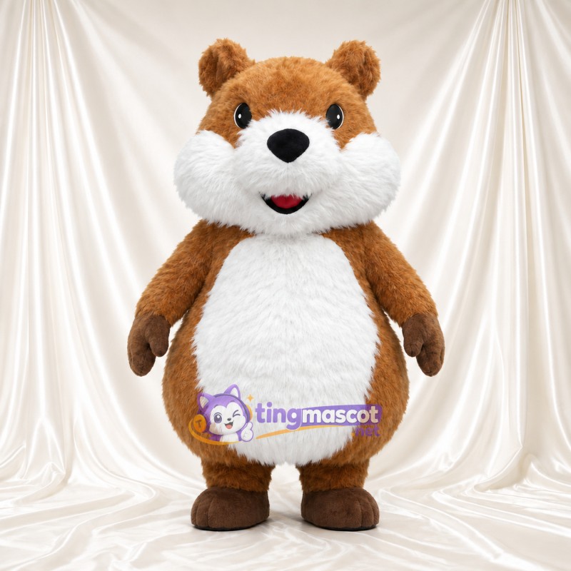 Costume de mascotte Hamster – marron – Ventre (rond, blanc); Joues (gonflé) Costume de mascotte Hamster – marron – Ventre (rond, blanc); Joues (gonflé)
