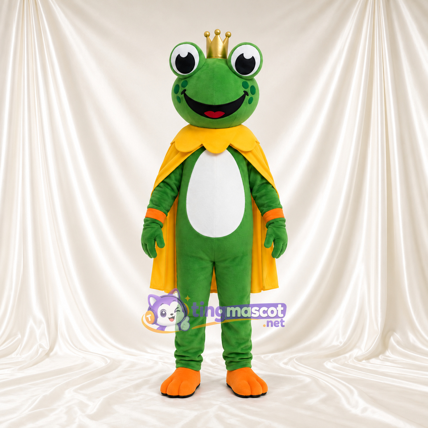 Frog King Mascot Costume - Gold Crown and Yellow Cape Frog King Mascot Costume - Gold Crown and Yellow Cape