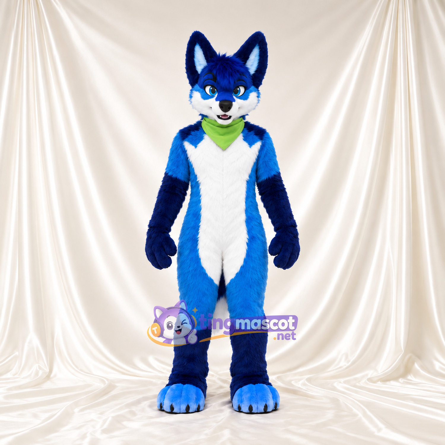 Costume de mascotte Renard – bleu – Bandana (vert citron); Ventre (blanc) Costume de mascotte Renard – bleu – Bandana (vert citron); Ventre (blanc)