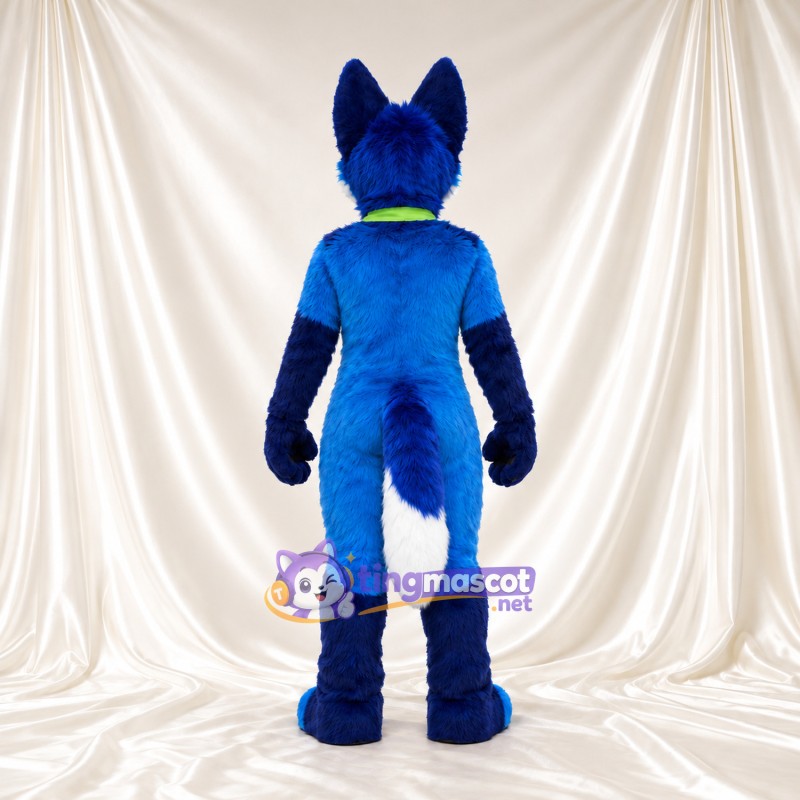 Costume de mascotte Renard – bleu – Bandana (vert citron); Ventre (blanc) Costume de mascotte Renard – bleu – Bandana (vert citron); Ventre (blanc)