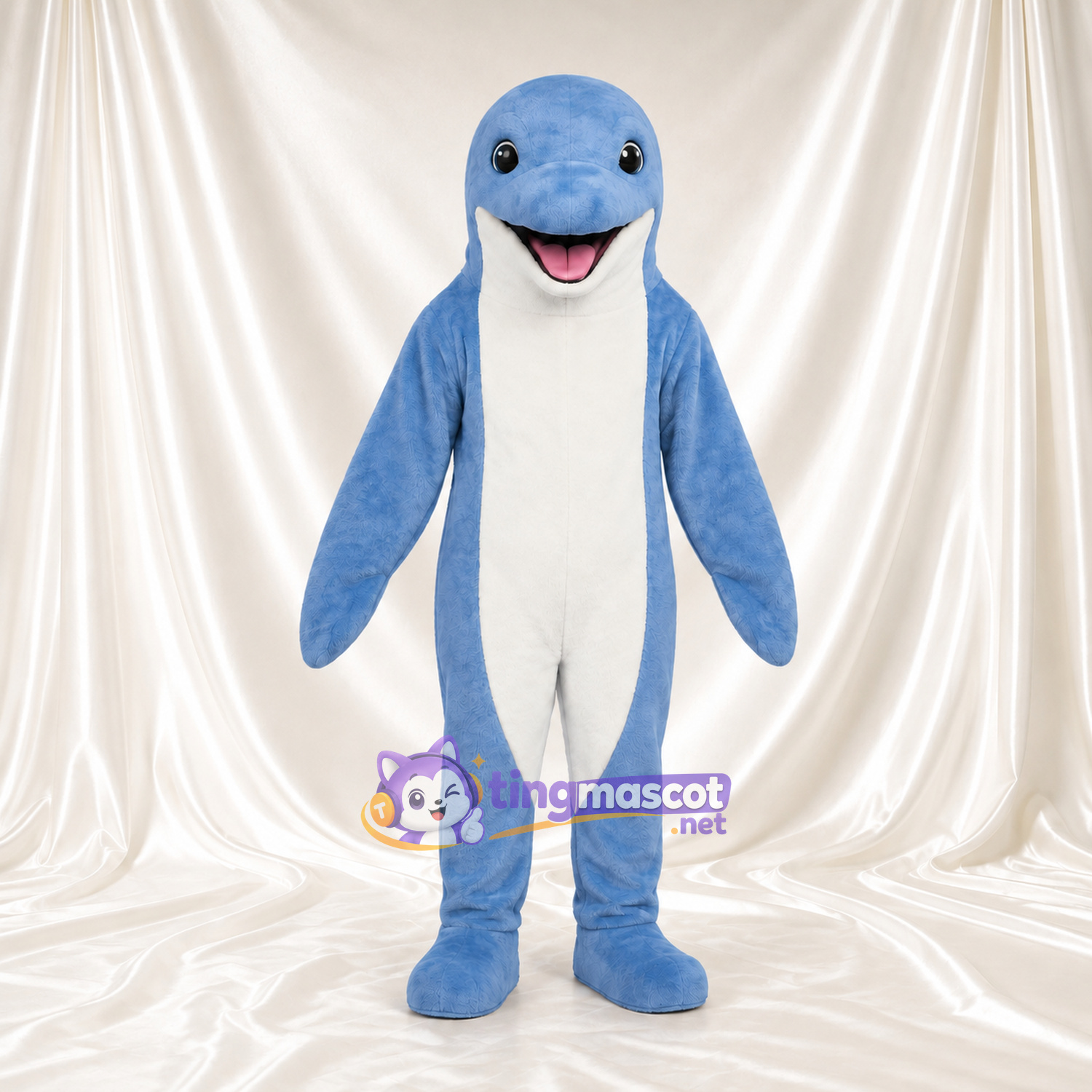 Maskottchenkostüm Delfin – hellblau – Bauch (weiß); Lächeln (rosa) Maskottchenkostüm Delfin – hellblau – Bauch (weiß); Lächeln (rosa)