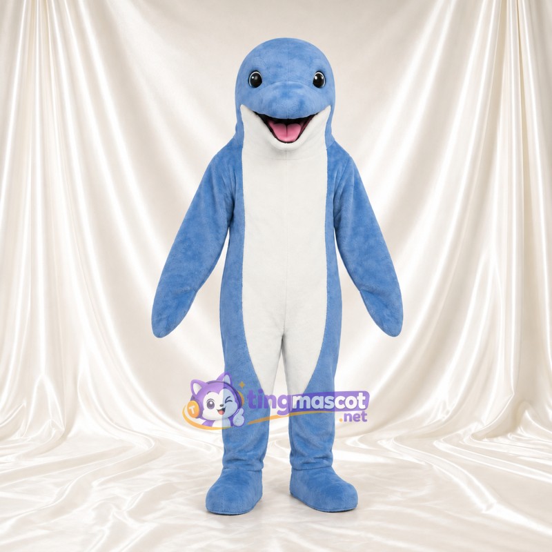 Maskottchenkostüm Delfin – hellblau – Bauch (weiß); Lächeln (rosa) Maskottchenkostüm Delfin – hellblau – Bauch (weiß); Lächeln (rosa)