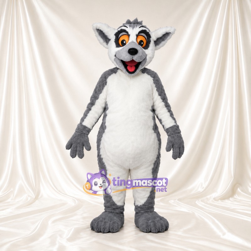 Costume de mascotte Lémurien – gris – Cercles autour des yeux (orange); Ventre (blanc) Costume de mascotte Lémurien – gris – Cercles autour des yeux (orange); Ventre (blanc)
