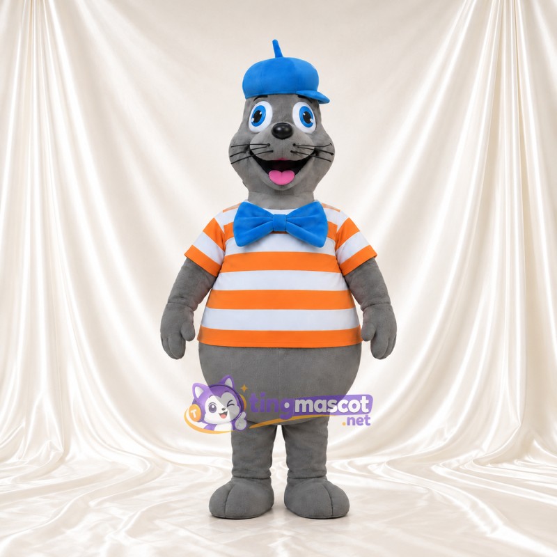 Costume de mascotte Phoque – gris – Casquette (bleu); Nœud papillon (bleu); Chemise (rayé) Costume de mascotte Phoque – gris – Casquette (bleu); Nœud papillon (bleu); Chemise (rayé)