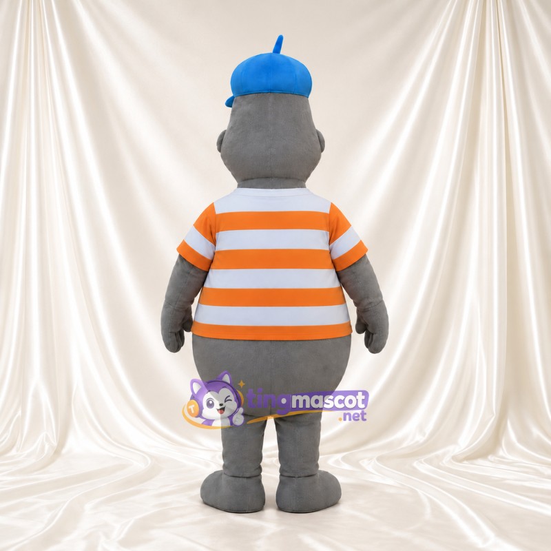 Costume de mascotte Phoque – gris – Casquette (bleu); Nœud papillon (bleu); Chemise (rayé) Costume de mascotte Phoque – gris – Casquette (bleu); Nœud papillon (bleu); Chemise (rayé)