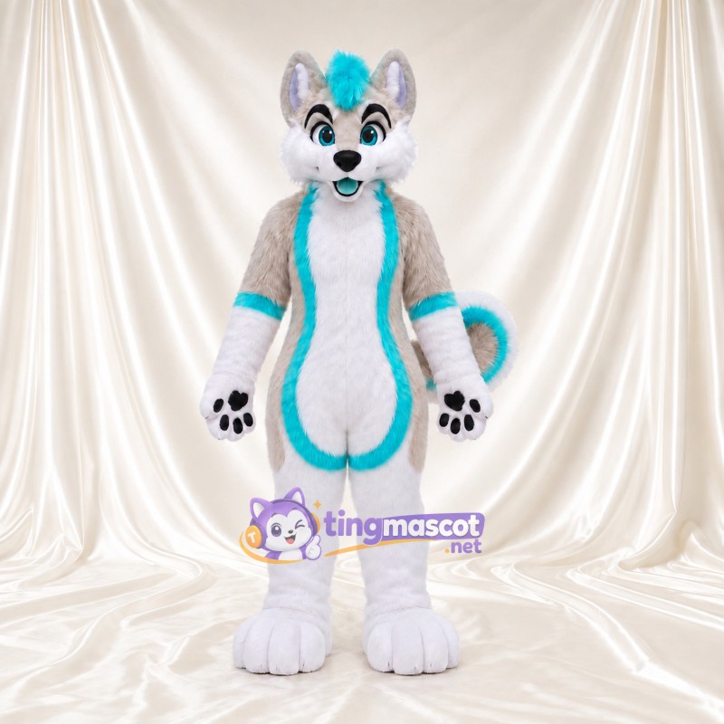 Costume de mascotte Loup – blanc / gris – Mèche sur le front (turquoise); Contour du corps Costume de mascotte Loup – blanc / gris – Mèche sur le front (turquoise); Contour du corps