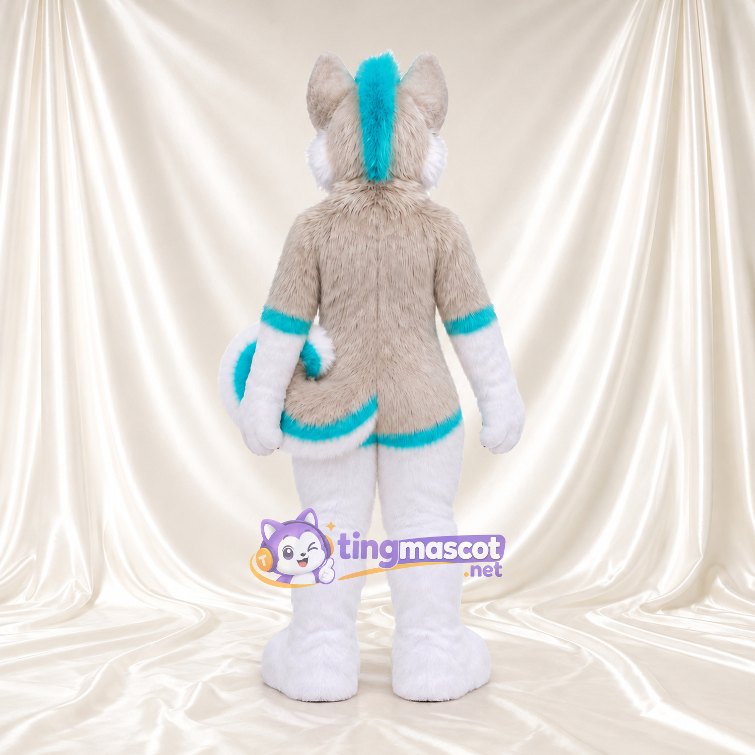Costume de mascotte Loup – blanc / gris – Mèche sur le front (turquoise); Contour du corps Costume de mascotte Loup – blanc / gris – Mèche sur le front (turquoise); Contour du corps
