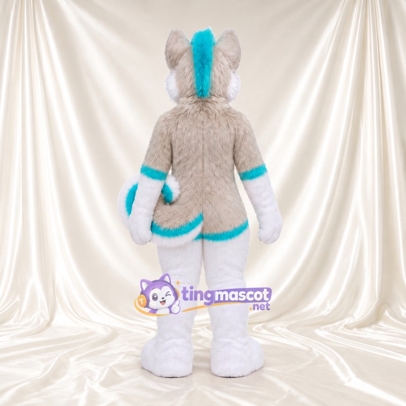 Costume de mascotte Loup – blanc / gris – Mèche sur le front (turquoise); Contour du corps Costume de mascotte Loup – blanc / gris – Mèche sur le front (turquoise); Contour du corps