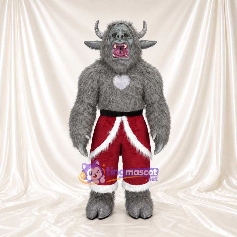 Maskottchenkostüm Monster mit Hörnern – grau – Shorts (rot); Brust (weiß) Maskottchenkostüm Monster mit Hörnern – grau – Shorts (rot); Brust (weiß)