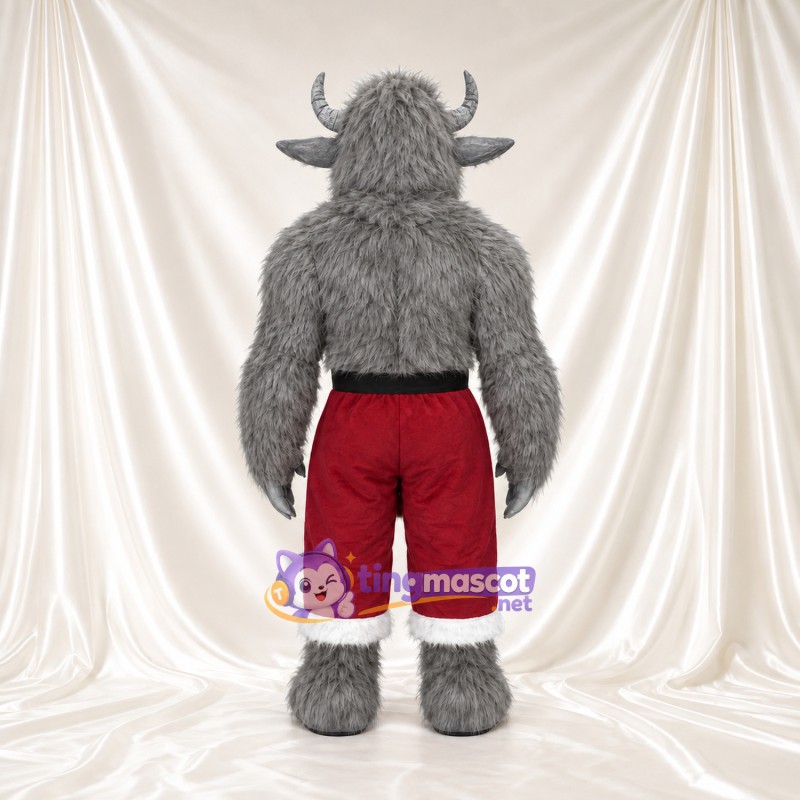 Maskottchenkostüm Monster mit Hörnern – grau – Shorts (rot); Brust (weiß) Maskottchenkostüm Monster mit Hörnern – grau – Shorts (rot); Brust (weiß)