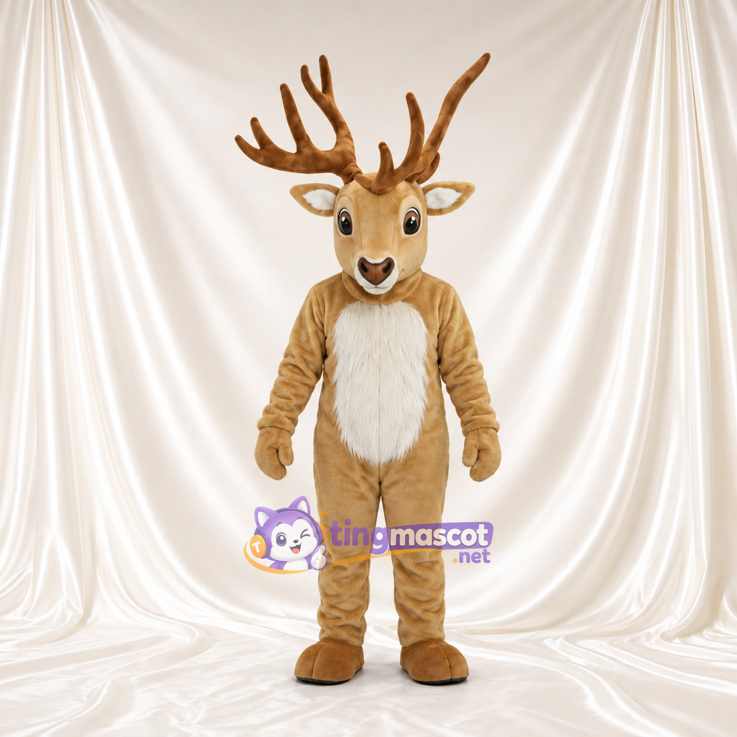 Costume de mascotte Cerf – brun clair – Bois ramifiés (grand); Torse (blanc) Costume de mascotte Cerf – brun clair – Bois ramifiés (grand); Torse (blanc)
