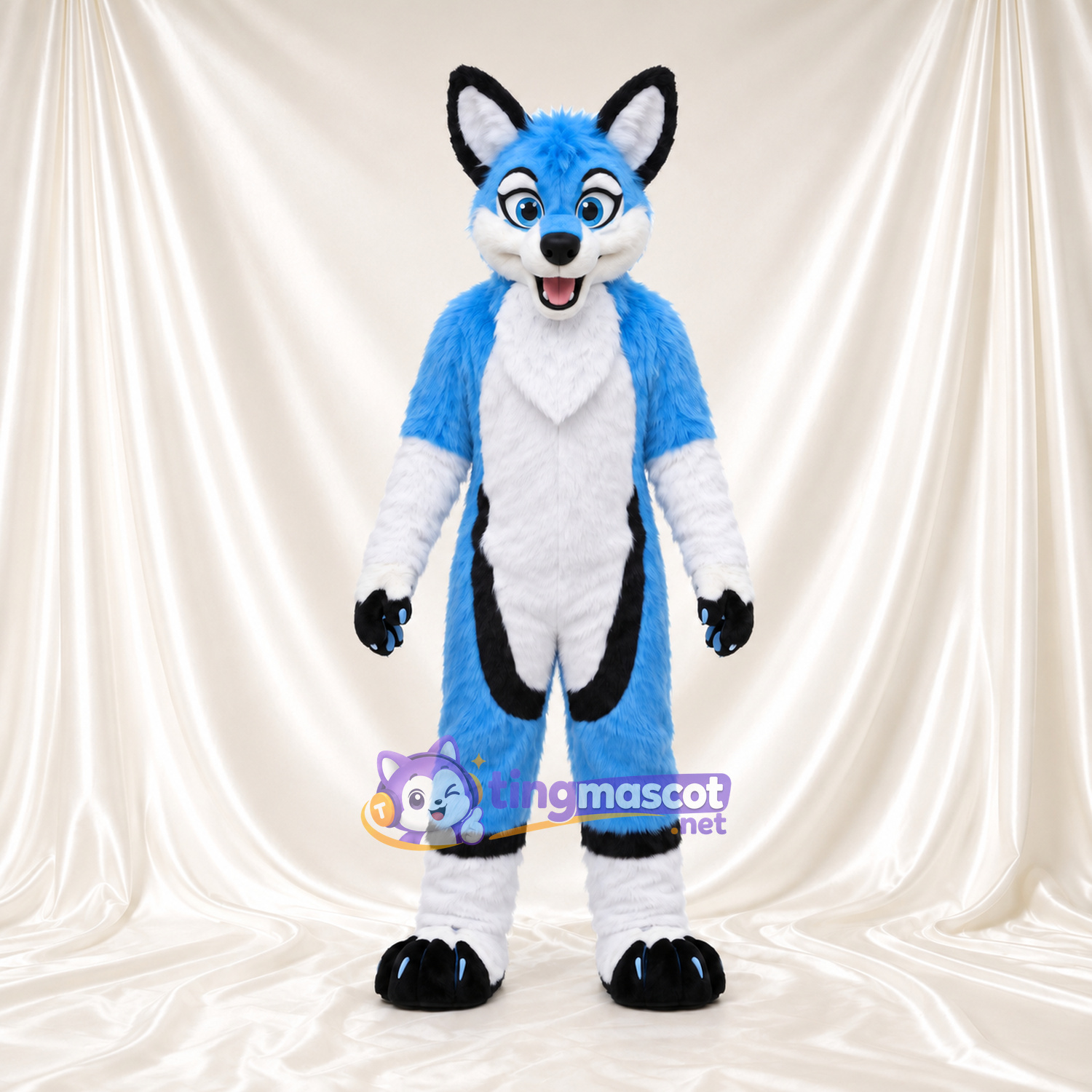 Costume de mascotte Renard – bleu – Torse (blanc); Corps (noir) Costume de mascotte Renard – bleu – Torse (blanc); Corps (noir)