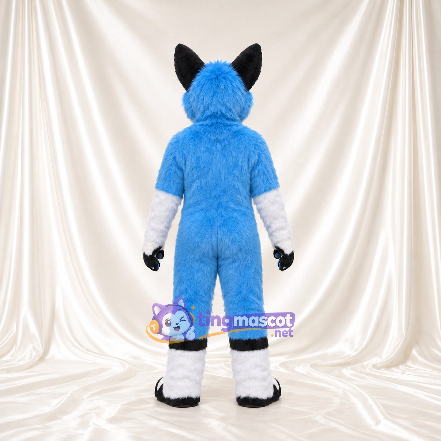 Costume de mascotte Renard – bleu – Torse (blanc); Corps (noir) Costume de mascotte Renard – bleu – Torse (blanc); Corps (noir)