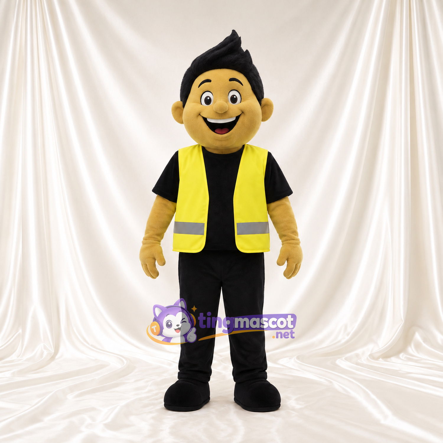 Worker Character Mascot Costume - Yellow Safety Vest and Black Outfit Worker Character Mascot Costume - Yellow Safety Vest and Black Outfit