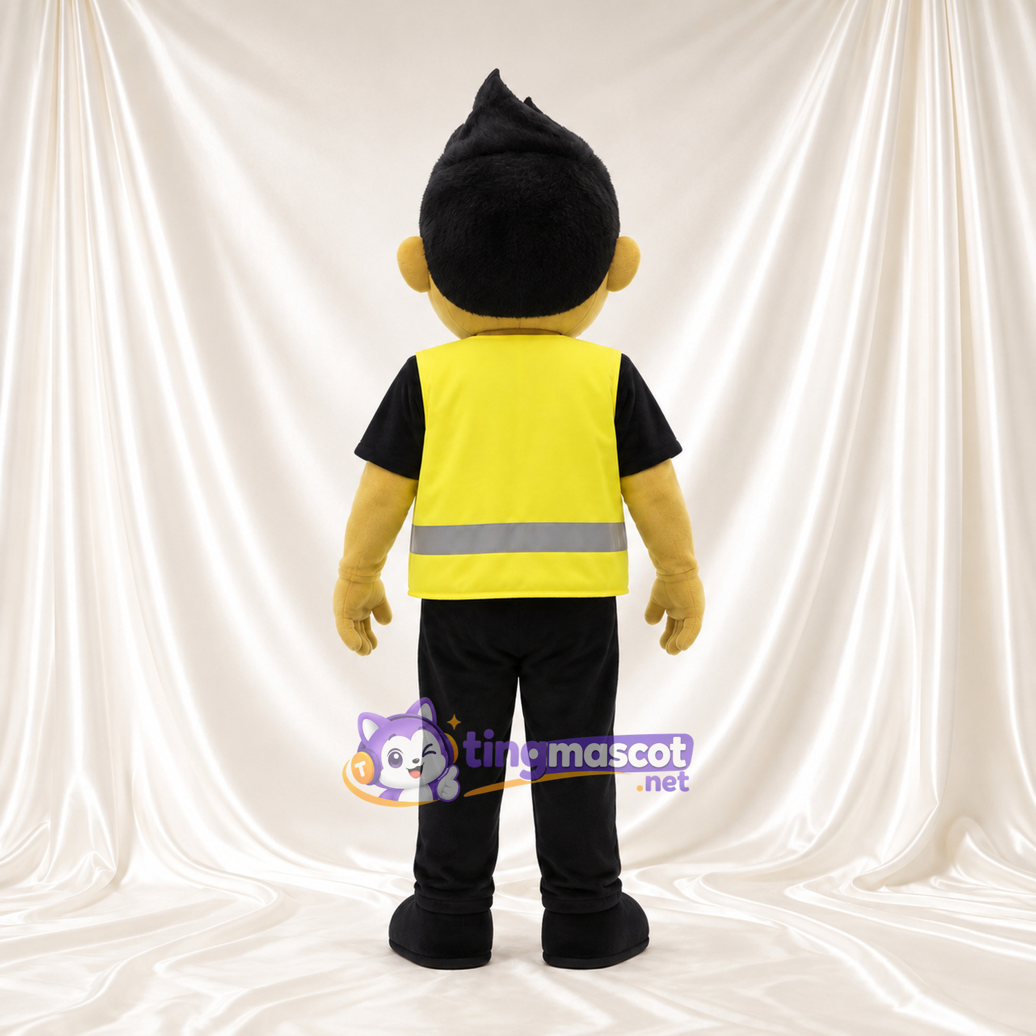 Worker Character Mascot Costume - Yellow Safety Vest and Black Outfit Worker Character Mascot Costume - Yellow Safety Vest and Black Outfit