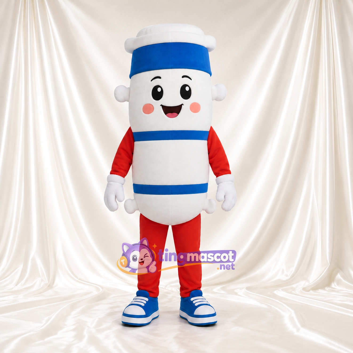 White Tube Character Mascot Costume - Blue Bands and Red Outfit White Tube Character Mascot Costume - Blue Bands and Red Outfit
