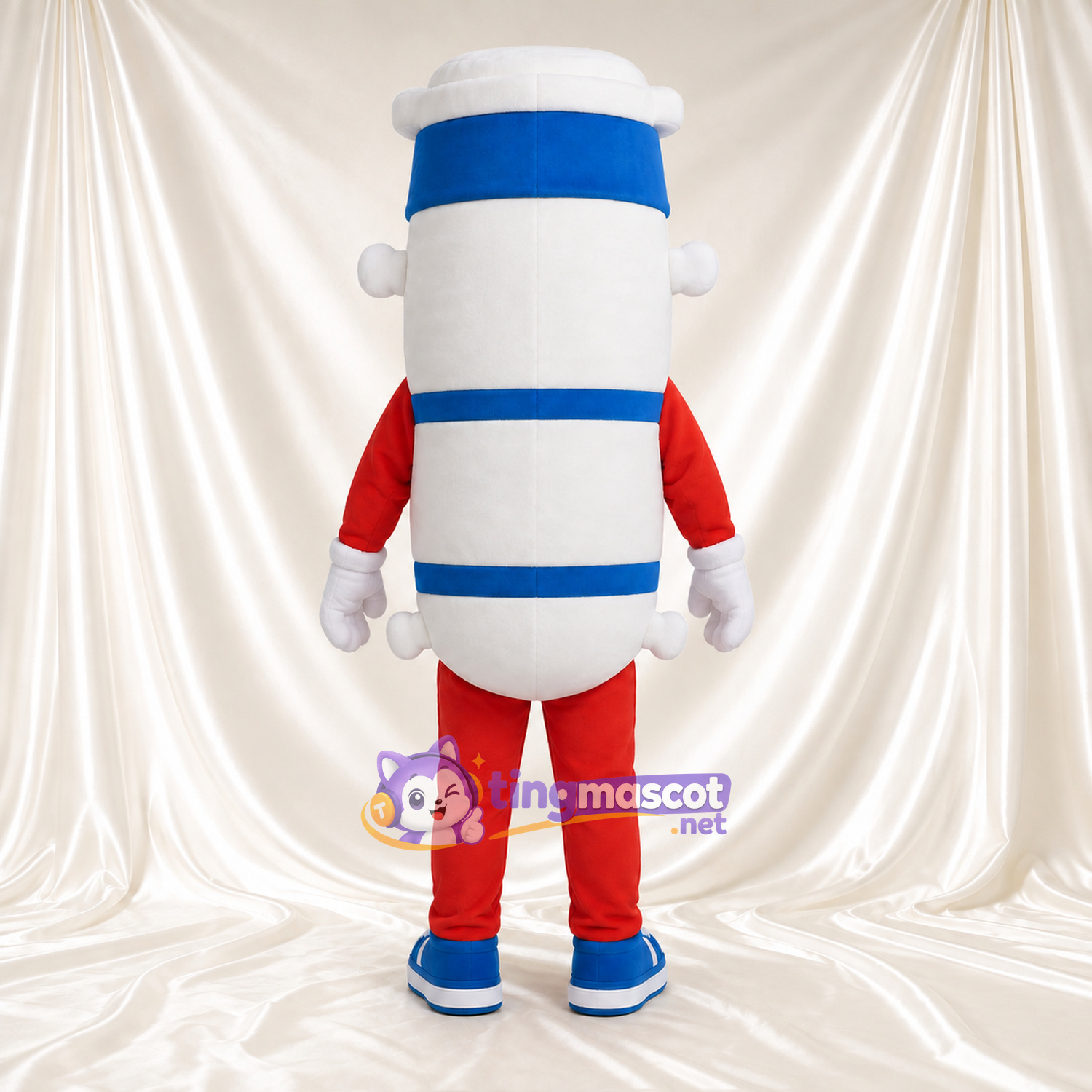 White Tube Character Mascot Costume - Blue Bands and Red Outfit White Tube Character Mascot Costume - Blue Bands and Red Outfit