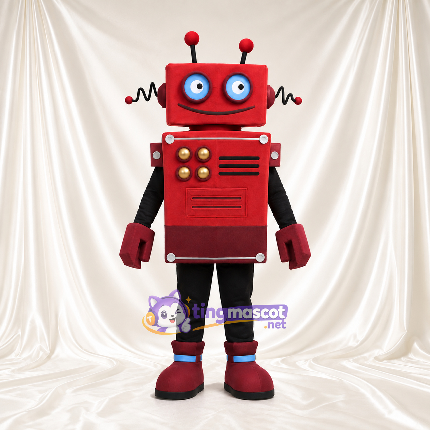 Costume de mascotte Robot – rouge – Tête carrée; Antennes; Boutons (doré)