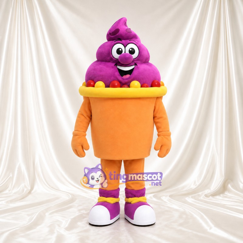 Costume de mascotte Pot de dessert glacé – violet – Garnitures (orange, multicolore) Costume de mascotte Pot de dessert glacé – violet – Garnitures (orange, multicolore)