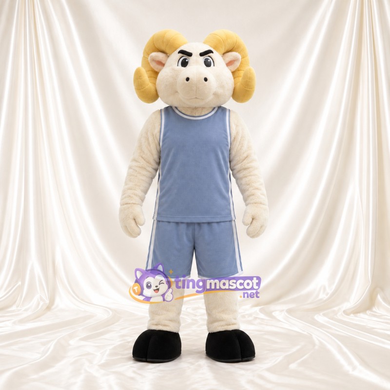 Costume de mascotte Bélier – blanc – Cornes (crème); Tenue de basket (gris) Costume de mascotte Bélier – blanc – Cornes (crème); Tenue de basket (gris)