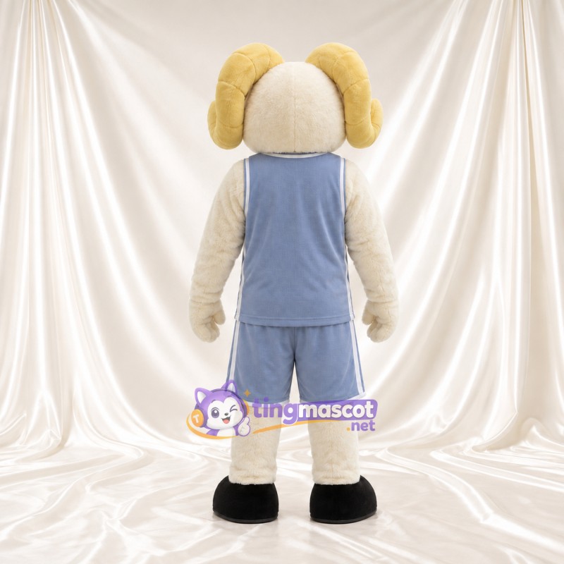 Costume de mascotte Bélier – blanc – Cornes (crème); Tenue de basket (gris) Costume de mascotte Bélier – blanc – Cornes (crème); Tenue de basket (gris)