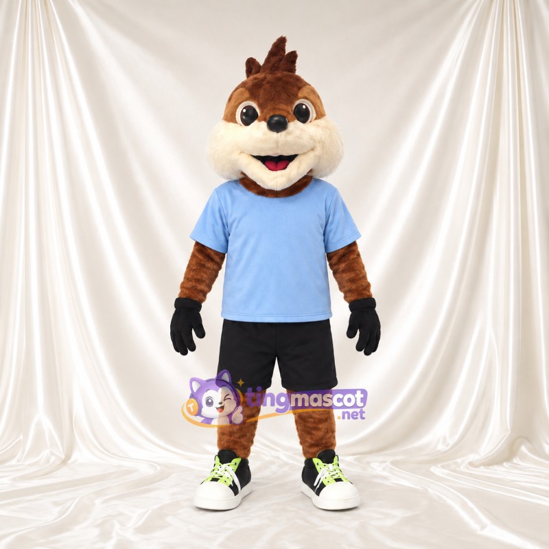Brown Chipmunk Mascot Costume - Light Blue T-Shirt and Black Shorts Brown Chipmunk Mascot Costume - Light Blue T-Shirt and Black Shorts