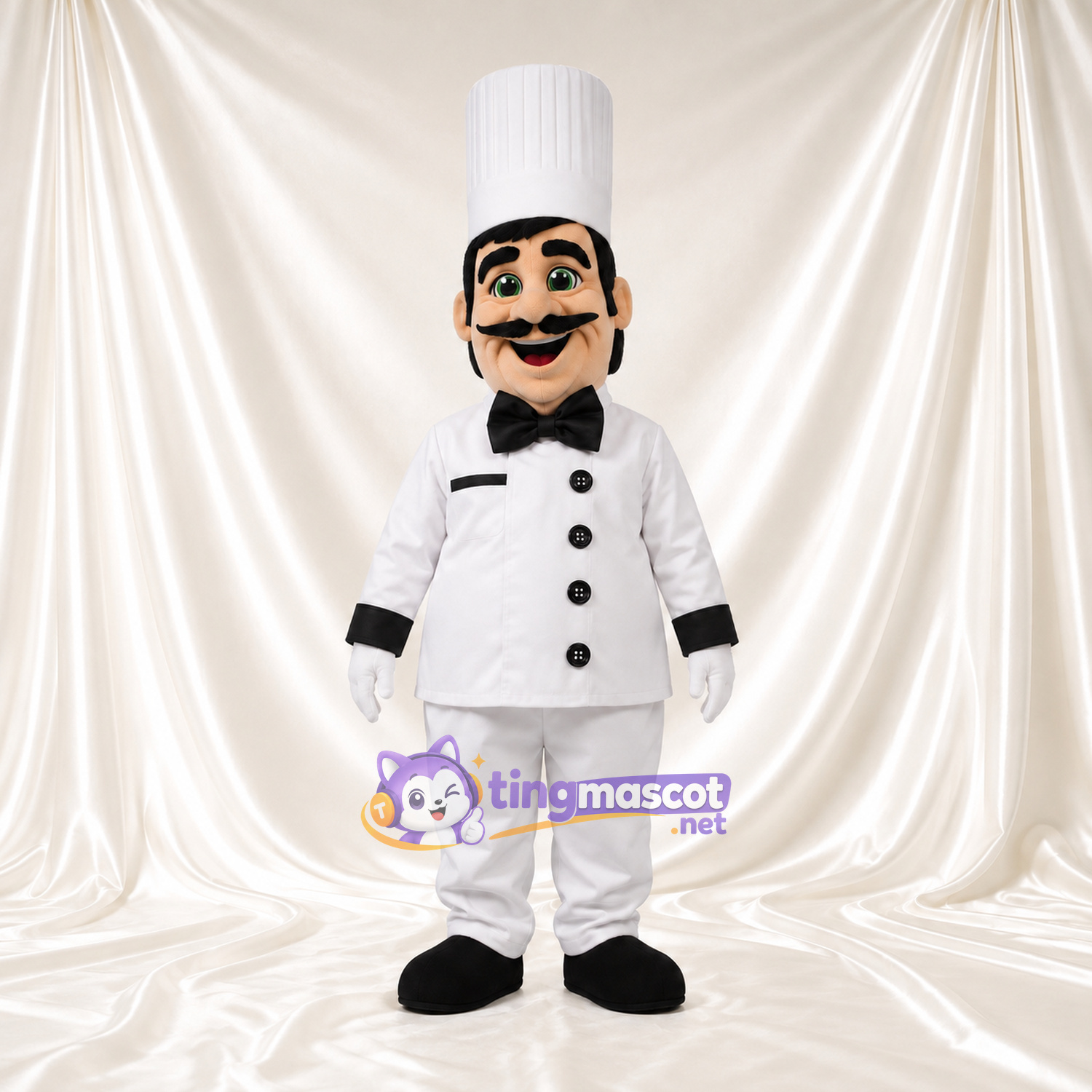 Chef Character Mascot Costume - Tall White Hat and Black Bow Tie Chef Character Mascot Costume - Tall White Hat and Black Bow Tie