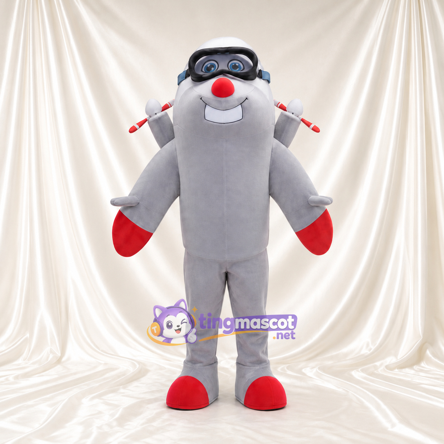 Gray Airplane Character Mascot Costume - Aviator Goggles and Red Nose Gray Airplane Character Mascot Costume - Aviator Goggles and Red Nose