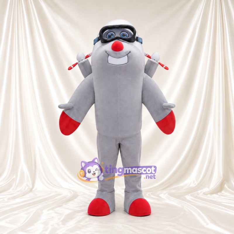 Gray Airplane Character Mascot Costume - Aviator Goggles and Red Nose Gray Airplane Character Mascot Costume - Aviator Goggles and Red Nose
