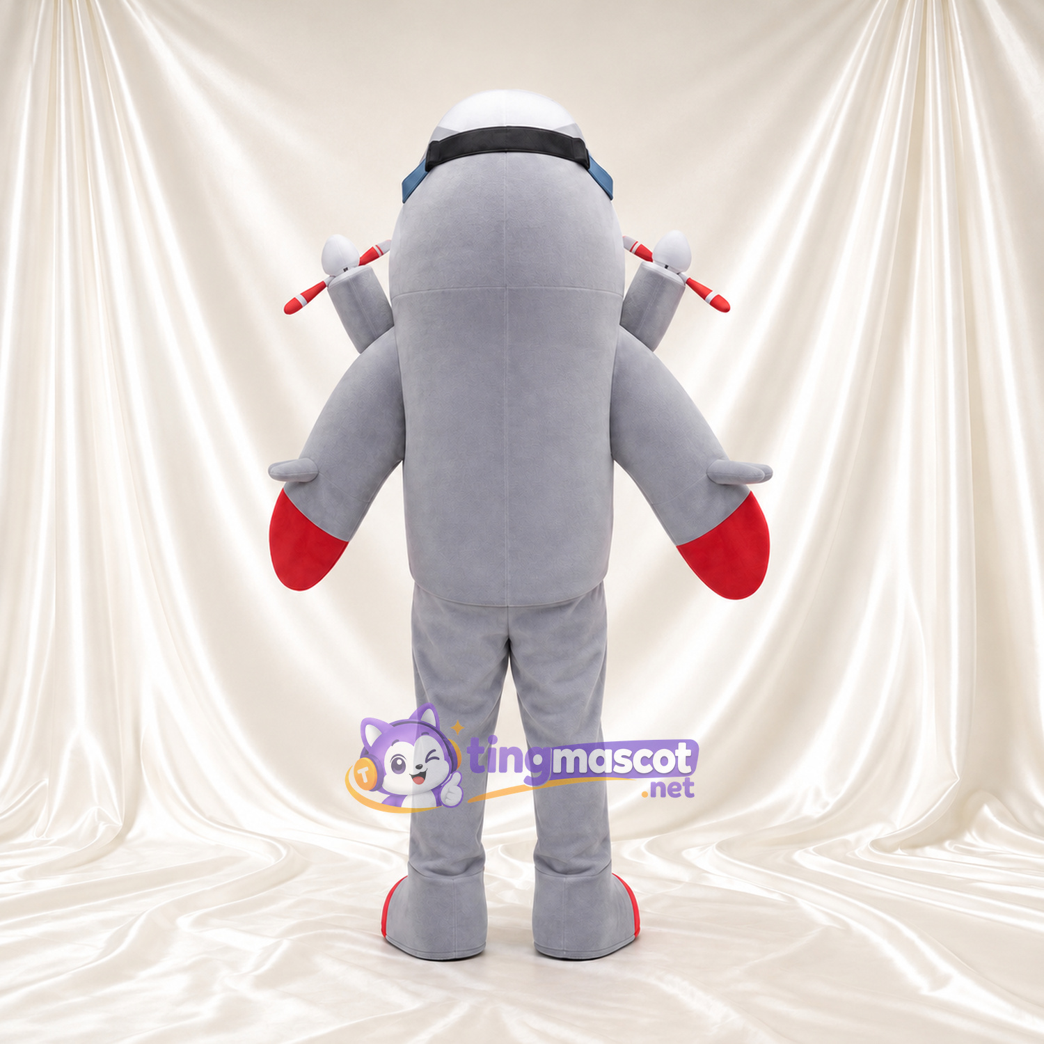 Gray Airplane Character Mascot Costume - Aviator Goggles and Red Nose Gray Airplane Character Mascot Costume - Aviator Goggles and Red Nose