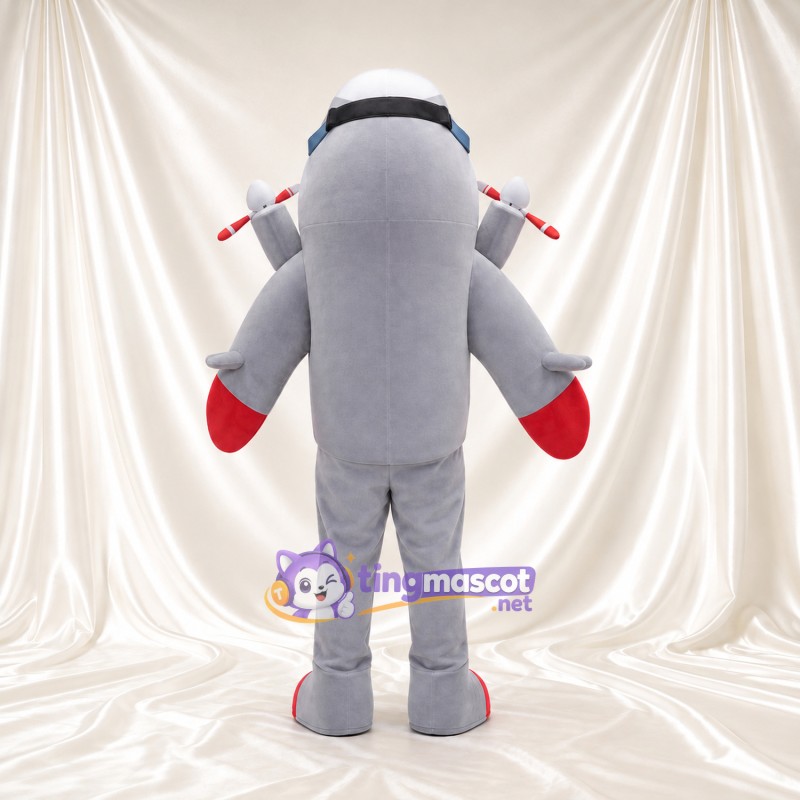 Gray Airplane Character Mascot Costume - Aviator Goggles and Red Nose Gray Airplane Character Mascot Costume - Aviator Goggles and Red Nose