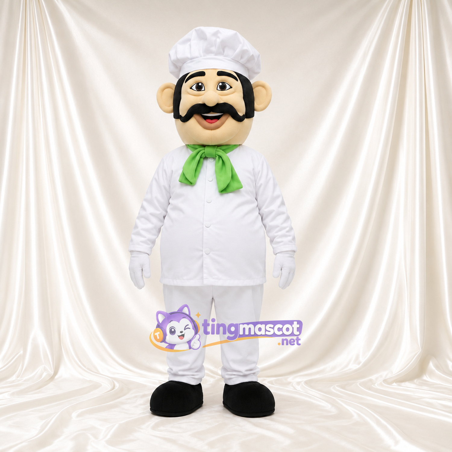 Costume de mascotte Chef cuisinier – selon la photo – Uniforme (blanc); Cou (vert); Écharpe Costume de mascotte Chef cuisinier – selon la photo – Uniforme (blanc); Cou (vert); Écharpe