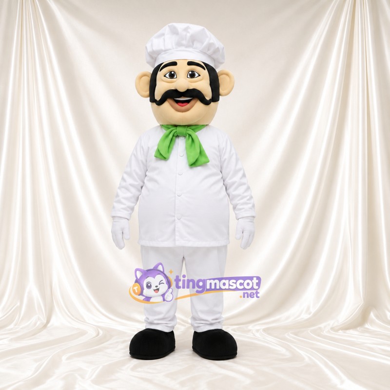 Costume de mascotte Chef cuisinier – selon la photo – Uniforme (blanc); Cou (vert); Écharpe Costume de mascotte Chef cuisinier – selon la photo – Uniforme (blanc); Cou (vert); Écharpe