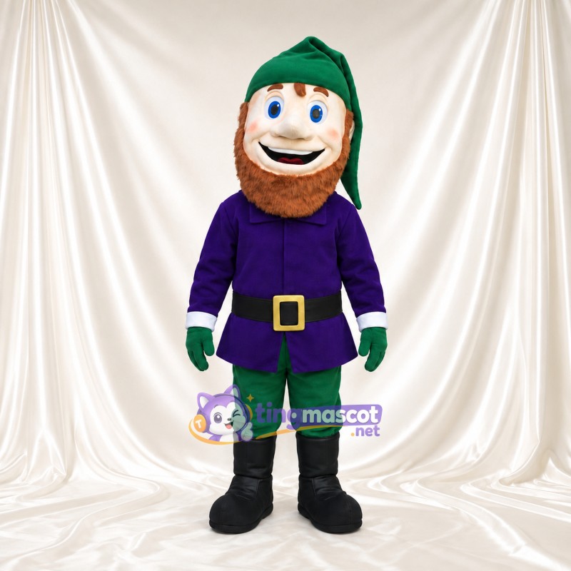 Bearded Elf Mascot Costume - Green Cap and Purple Tunic Bearded Elf Mascot Costume - Green Cap and Purple Tunic