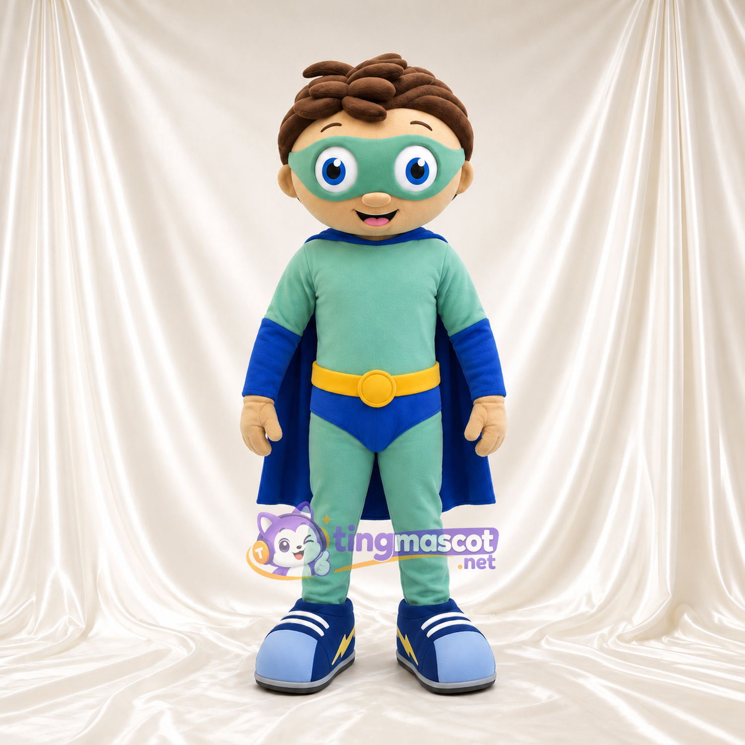 Boy Superhero Mascot Costume - Mint Suit and Blue Cape Boy Superhero Mascot Costume - Mint Suit and Blue Cape