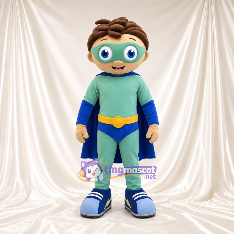 Boy Superhero Mascot Costume - Mint Suit and Blue Cape Boy Superhero Mascot Costume - Mint Suit and Blue Cape