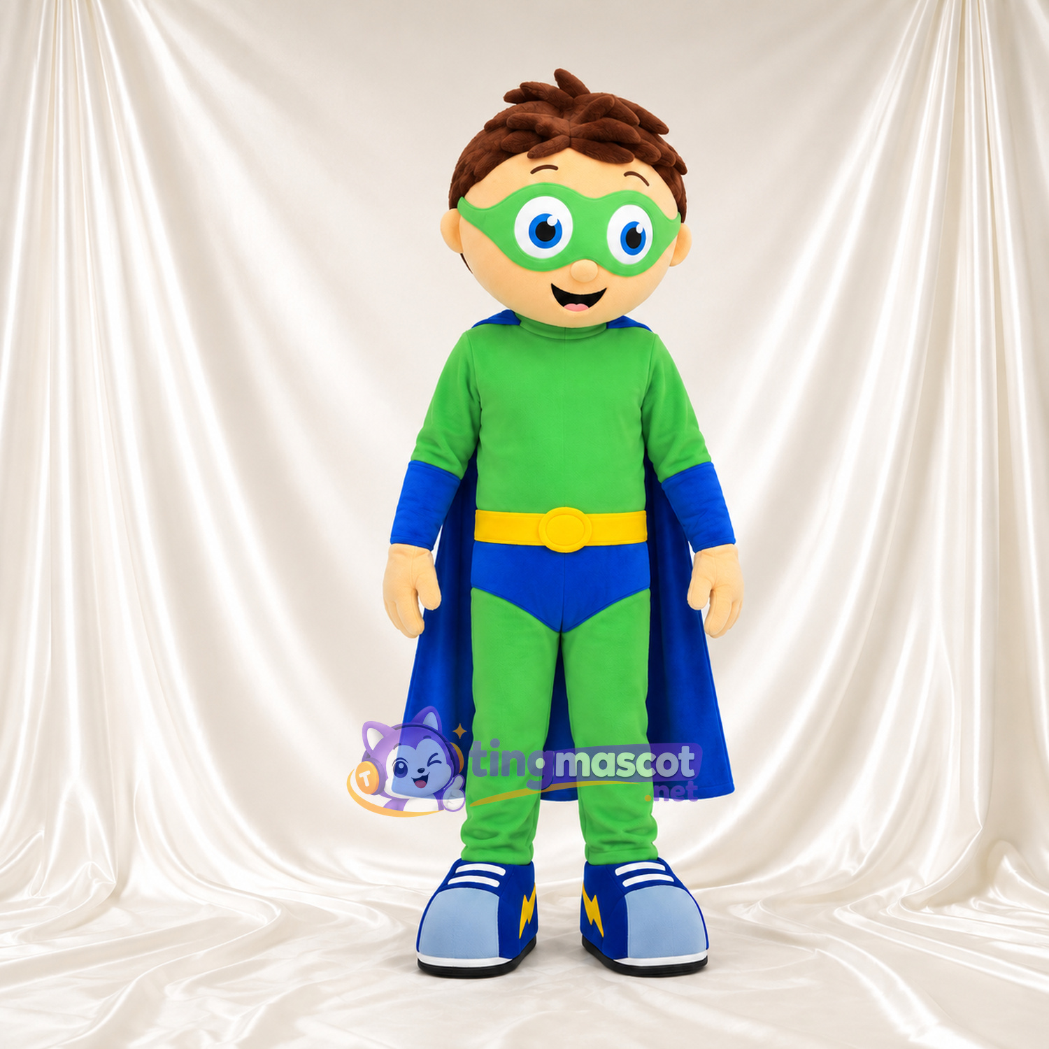 Boy Superhero Mascot Costume - Bright Green Suit and Blue Cape Boy Superhero Mascot Costume - Bright Green Suit and Blue Cape