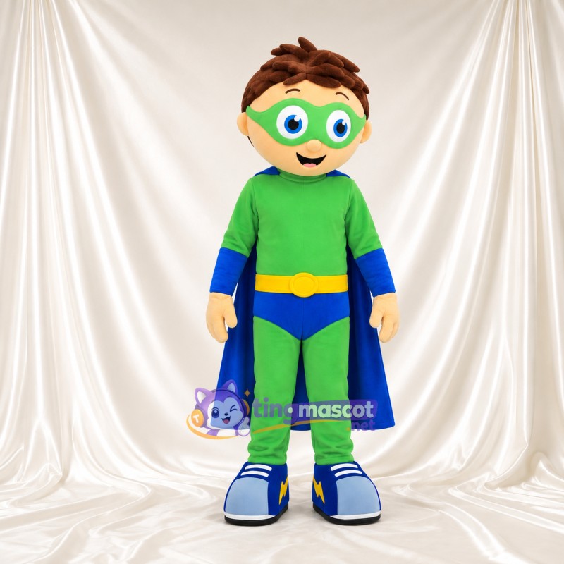 Boy Superhero Mascot Costume - Bright Green Suit and Blue Cape Boy Superhero Mascot Costume - Bright Green Suit and Blue Cape